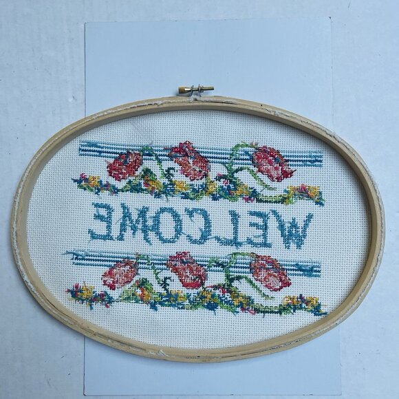 Handmade Home Cross Stitch Ring Art Welcome Floral Decor - Picture 3 of 5